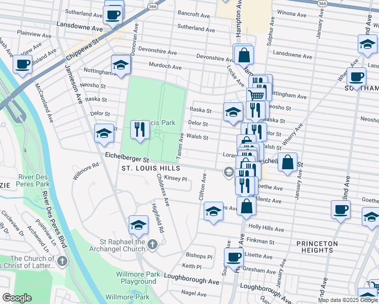 map of restaurants, bars, coffee shops, grocery stores, and more near 6266 Loran Avenue in St. Louis