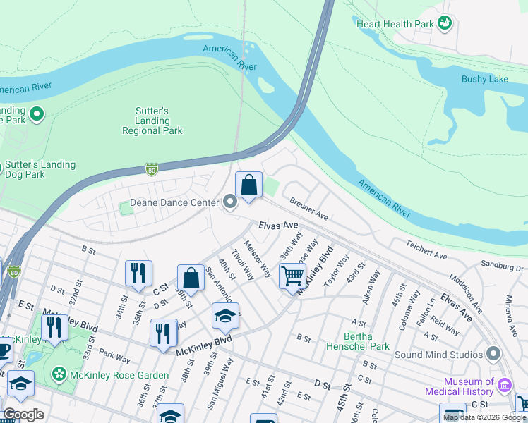 map of restaurants, bars, coffee shops, grocery stores, and more near 151 Fern Court in Sacramento
