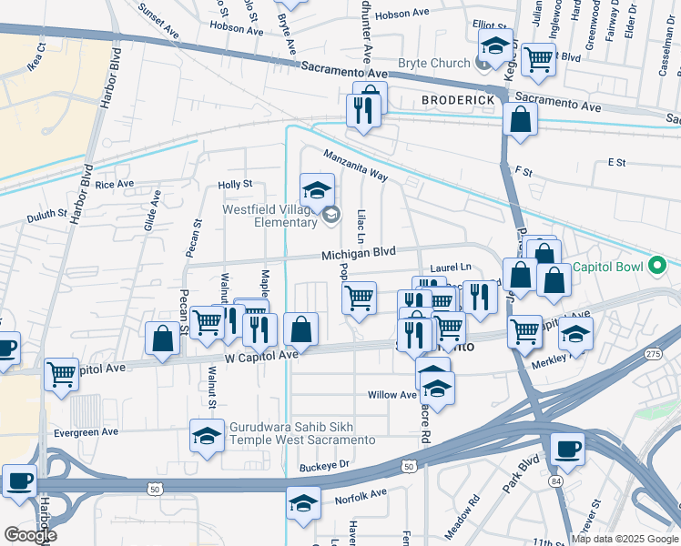 map of restaurants, bars, coffee shops, grocery stores, and more near 580 Poplar Avenue in West Sacramento