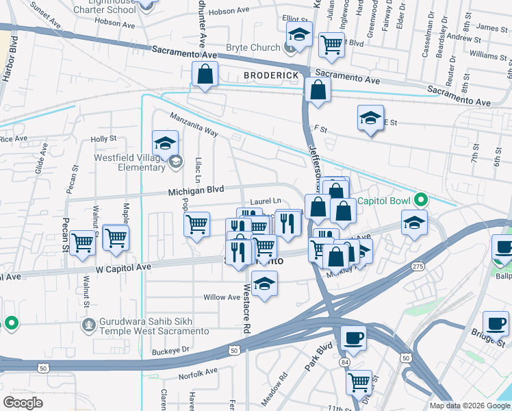 map of restaurants, bars, coffee shops, grocery stores, and more near 1613 Laurel Lane in West Sacramento