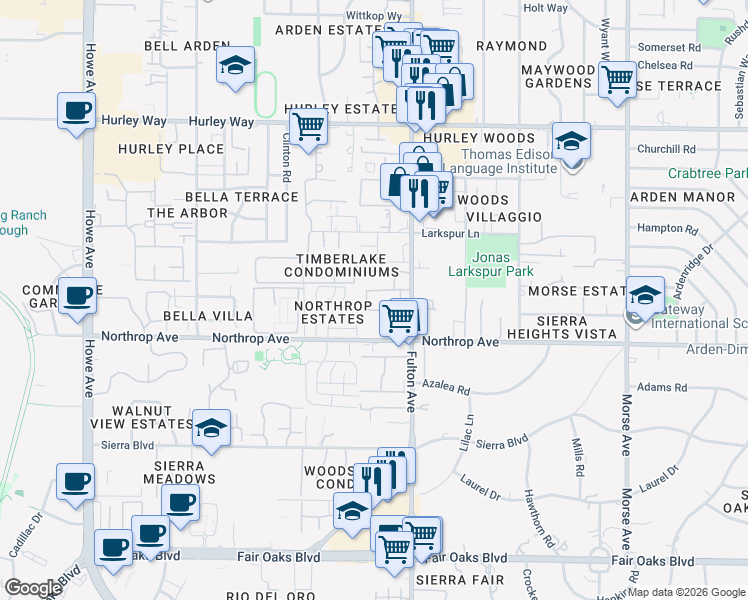 map of restaurants, bars, coffee shops, grocery stores, and more near 973 Fulton Avenue in Sacramento