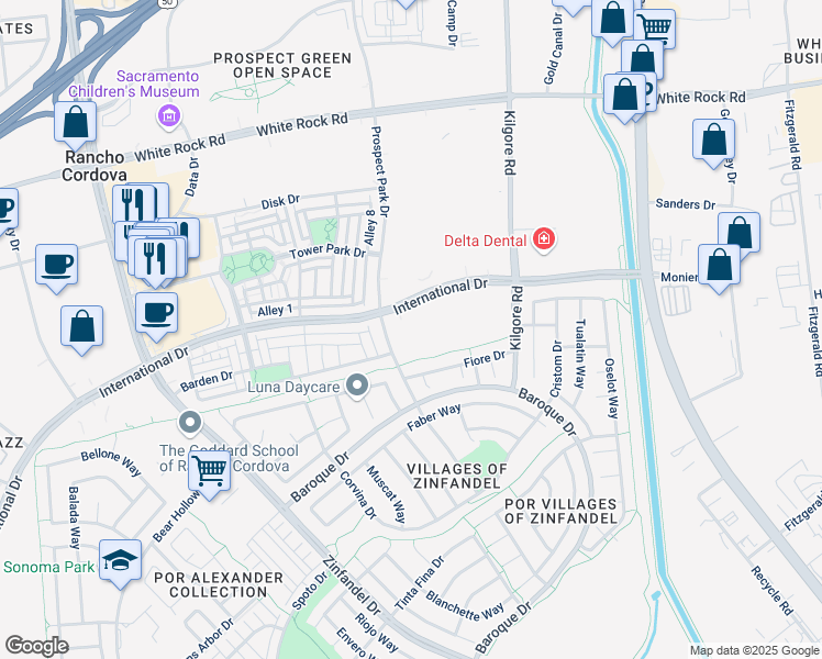 map of restaurants, bars, coffee shops, grocery stores, and more near 11120 International Drive in Rancho Cordova