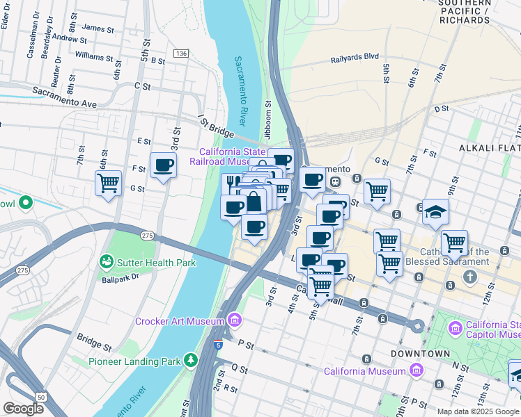 map of restaurants, bars, coffee shops, grocery stores, and more near 150 Front Street in Sacramento