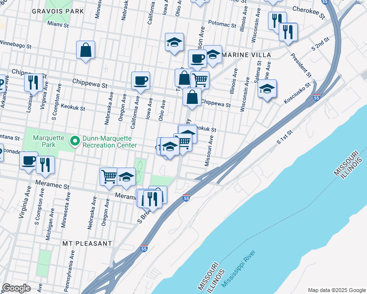 map of restaurants, bars, coffee shops, grocery stores, and more near 3938 South Broadway in St. Louis