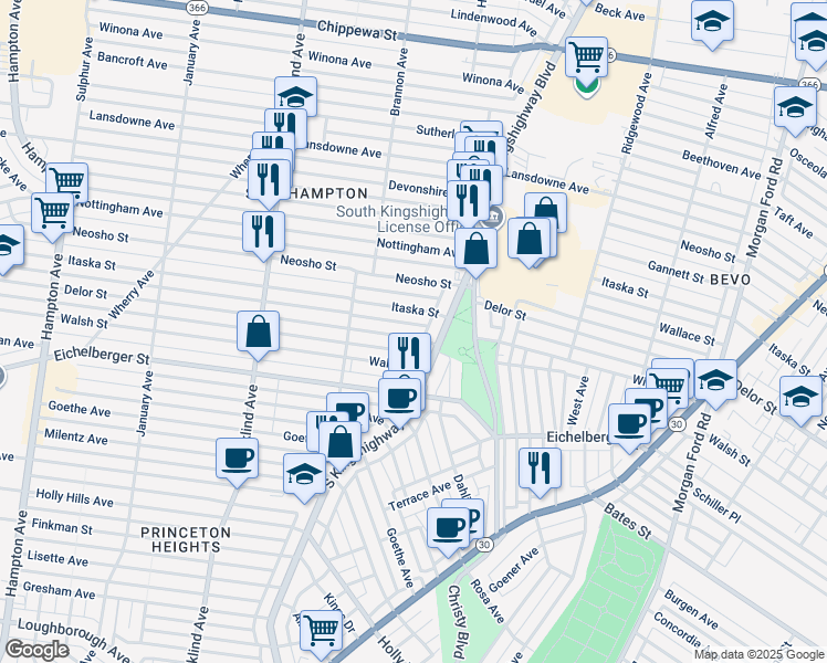 map of restaurants, bars, coffee shops, grocery stores, and more near 4925 Delor Street in St. Louis
