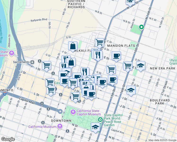map of restaurants, bars, coffee shops, grocery stores, and more near 1030 G Street in Sacramento