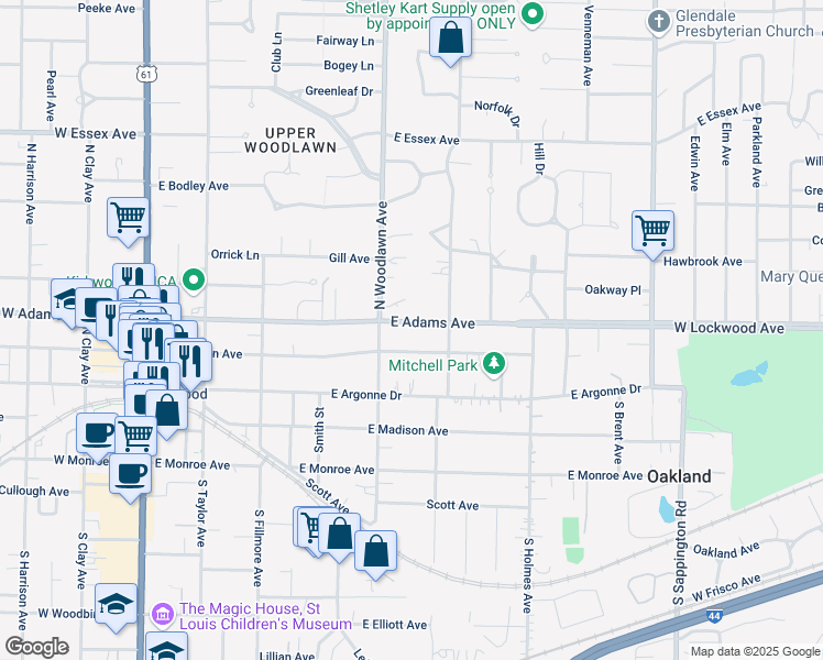 map of restaurants, bars, coffee shops, grocery stores, and more near 520 East Adams Avenue in Kirkwood