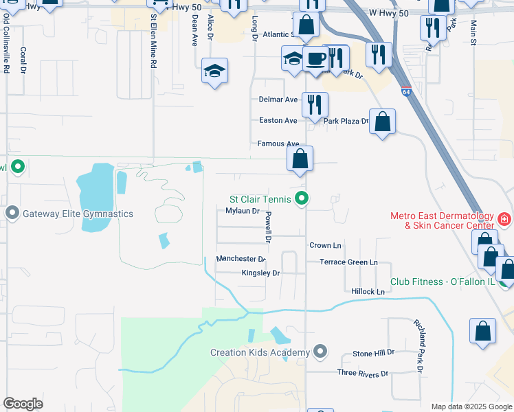 map of restaurants, bars, coffee shops, grocery stores, and more near 204 Mylaun Drive in O'Fallon