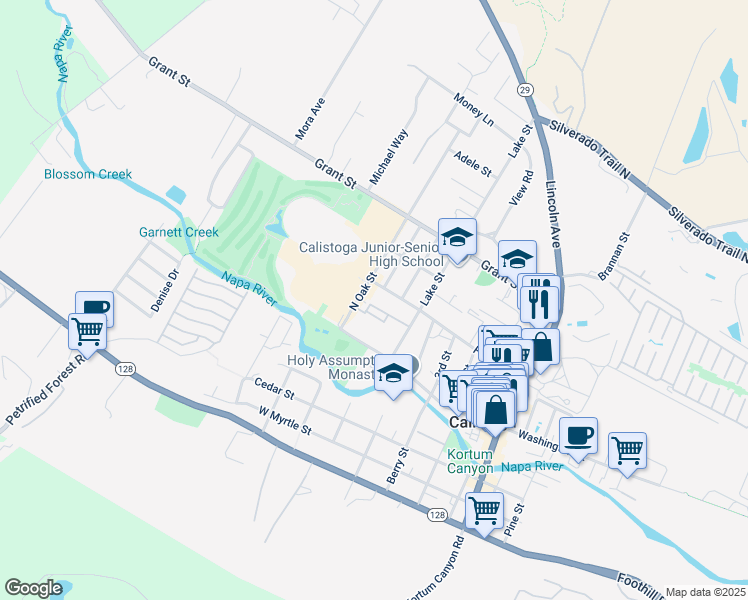map of restaurants, bars, coffee shops, grocery stores, and more near 1465 Lake Street in Calistoga