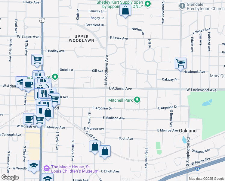 map of restaurants, bars, coffee shops, grocery stores, and more near 520 East Adams Avenue in Kirkwood
