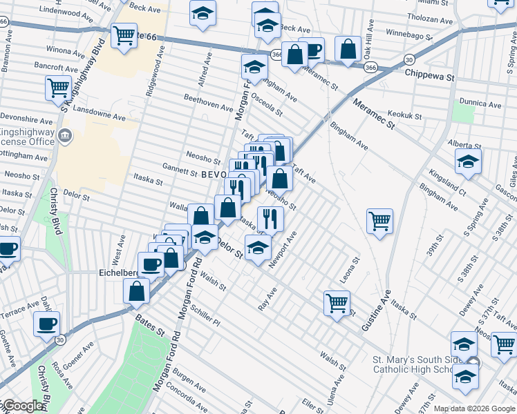 map of restaurants, bars, coffee shops, grocery stores, and more near 4180 Newport Court in St. Louis