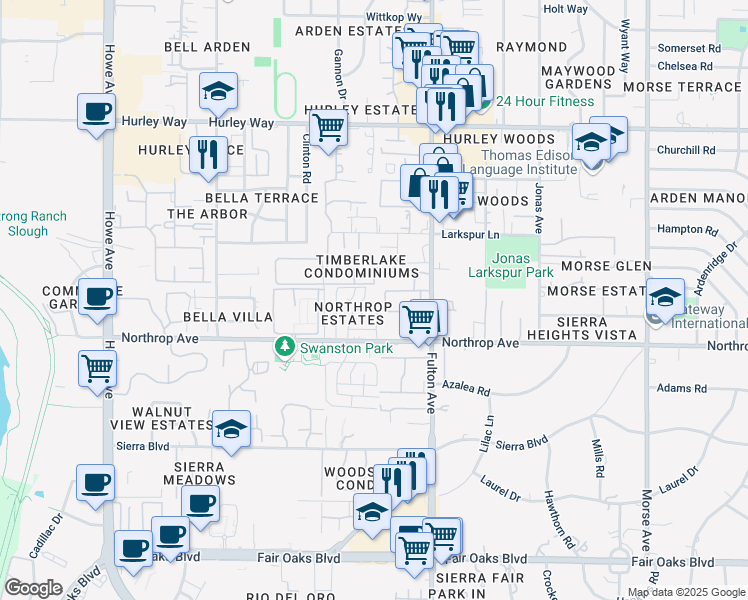 map of restaurants, bars, coffee shops, grocery stores, and more near 934 Carro Drive in Sacramento