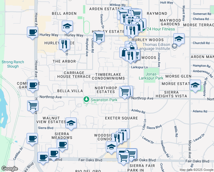 map of restaurants, bars, coffee shops, grocery stores, and more near 934 Carro Drive in Sacramento