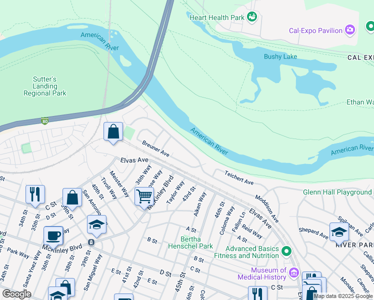 map of restaurants, bars, coffee shops, grocery stores, and more near 4451 Moddison Avenue in Sacramento