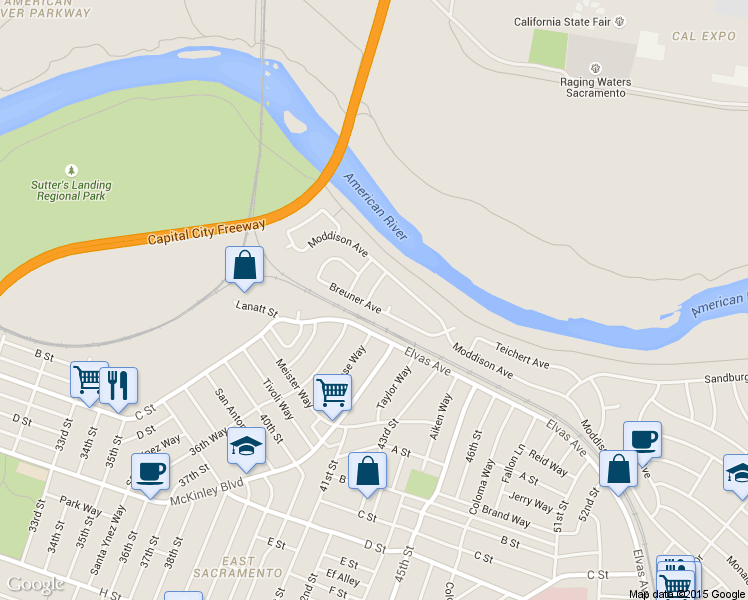 map of restaurants, bars, coffee shops, grocery stores, and more near 3903 Breuner Avenue in Sacramento