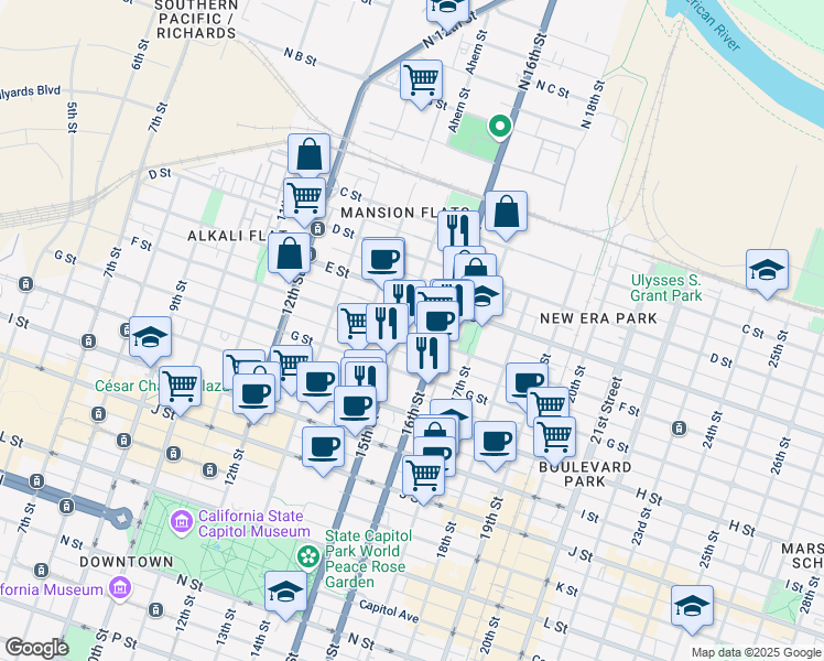 map of restaurants, bars, coffee shops, grocery stores, and more near 1423 F Street in Sacramento