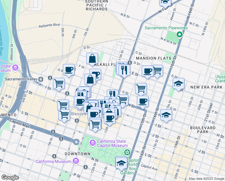 map of restaurants, bars, coffee shops, grocery stores, and more near 1030 G Street in Sacramento