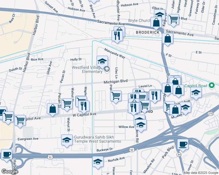 map of restaurants, bars, coffee shops, grocery stores, and more near 580 Poplar Avenue in West Sacramento