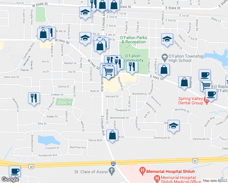 map of restaurants, bars, coffee shops, grocery stores, and more near 700 Southview Plaza in O'Fallon