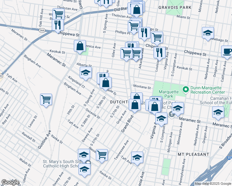 map of restaurants, bars, coffee shops, grocery stores, and more near 3643 Gasconade Street in St. Louis
