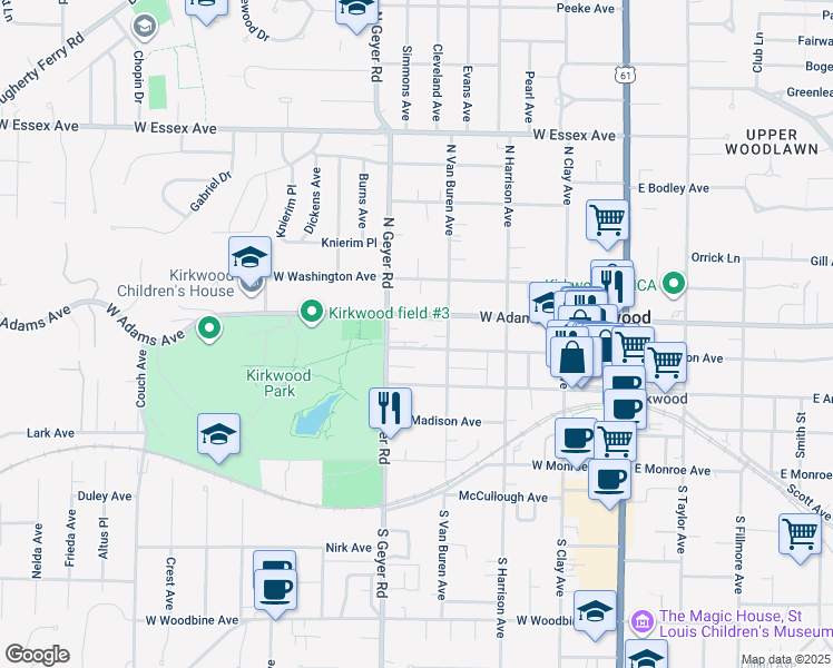 map of restaurants, bars, coffee shops, grocery stores, and more near 418 West Adams Avenue in Kirkwood