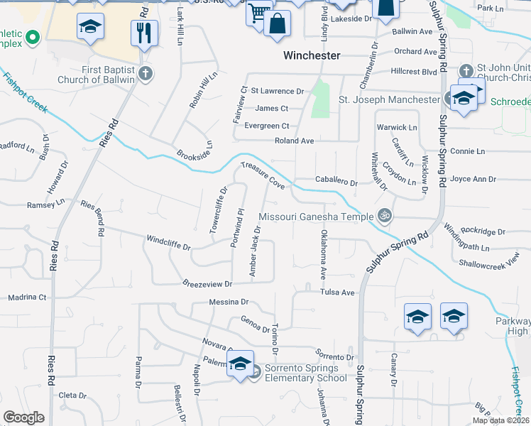 map of restaurants, bars, coffee shops, grocery stores, and more near 289 Amber Jack Drive in Ballwin