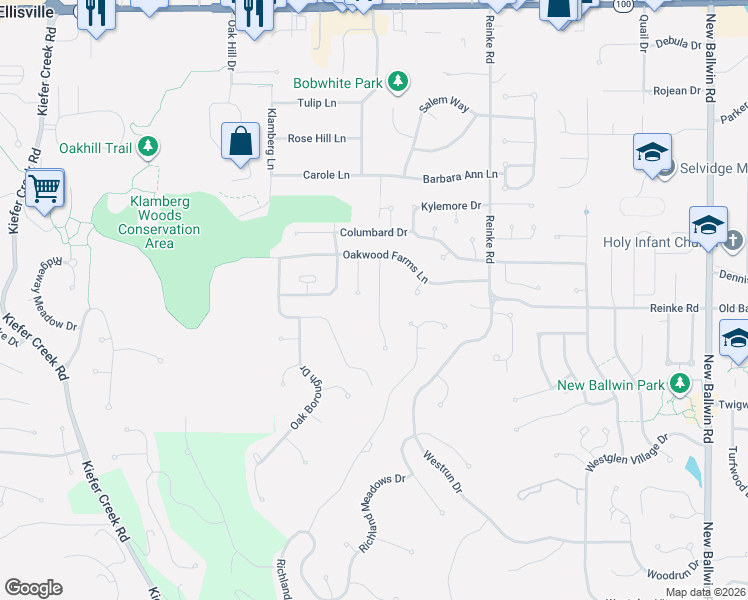 map of restaurants, bars, coffee shops, grocery stores, and more near 230 Jacob Lane in Ballwin