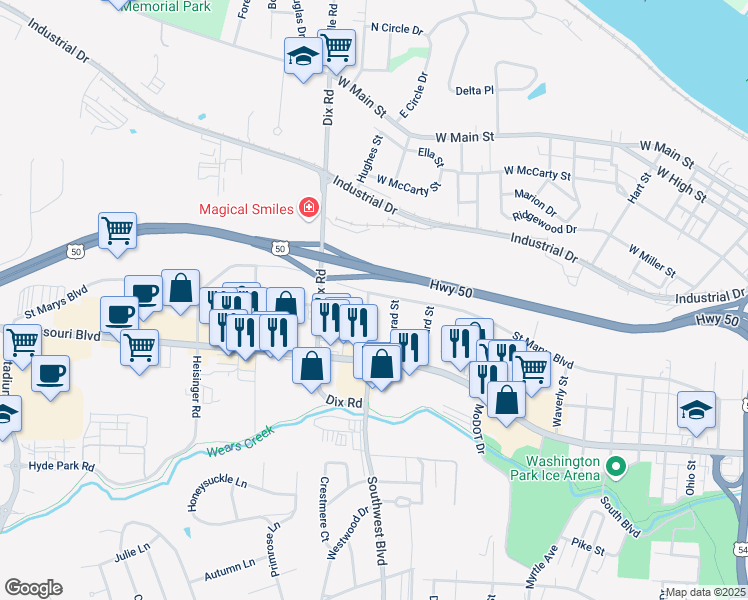 map of restaurants, bars, coffee shops, grocery stores, and more near 600 Beck Street in Jefferson City
