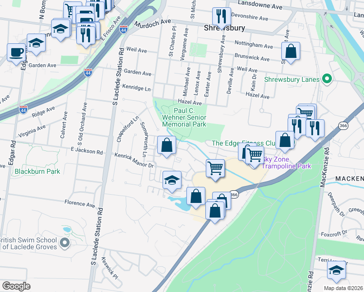 map of restaurants, bars, coffee shops, grocery stores, and more near 7605 Triwoods Drive in St. Louis