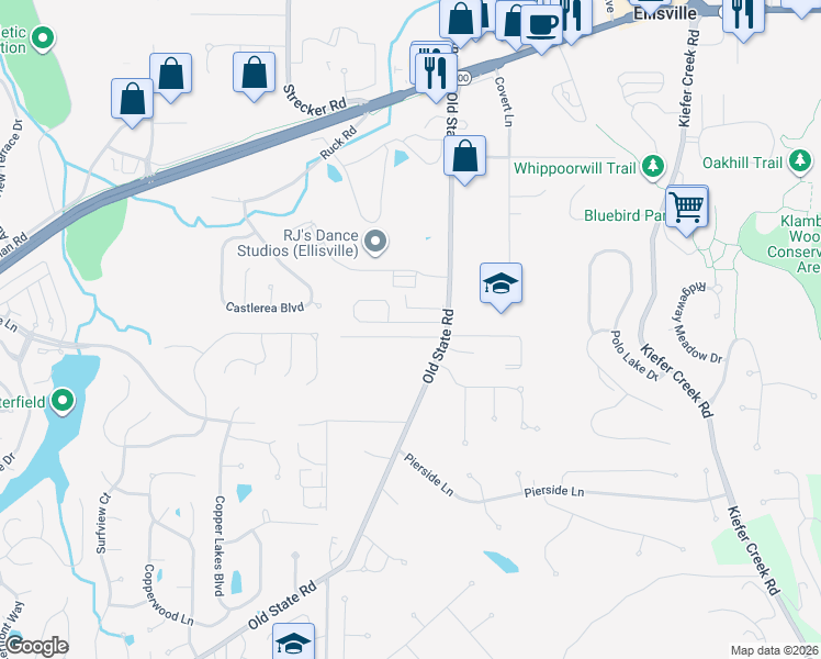 map of restaurants, bars, coffee shops, grocery stores, and more near 16126 Amber Vista Drive in Ballwin