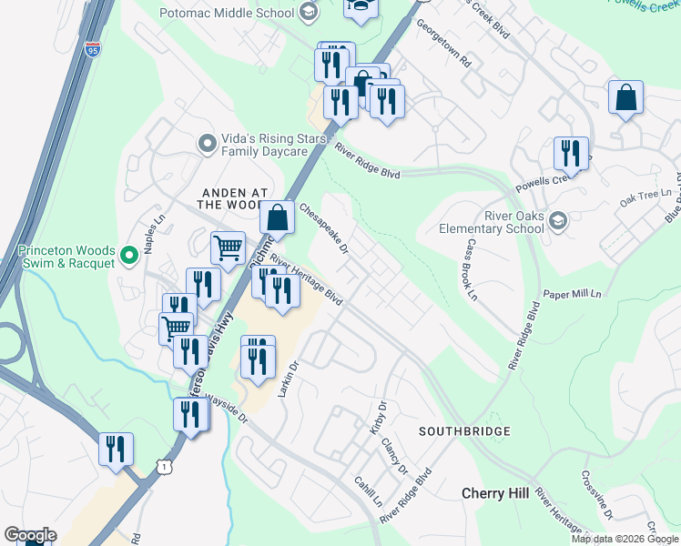 map of restaurants, bars, coffee shops, grocery stores, and more near 16998 Beveridge Drive in Dumfries