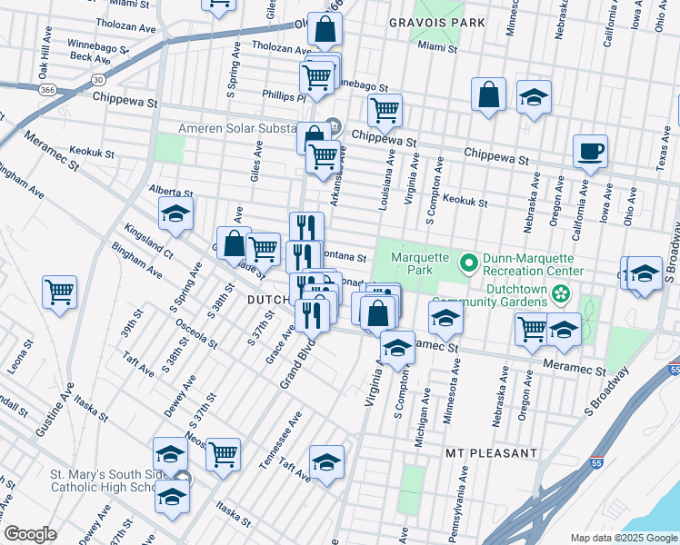 map of restaurants, bars, coffee shops, grocery stores, and more near 3441 Gasconade Street in St. Louis
