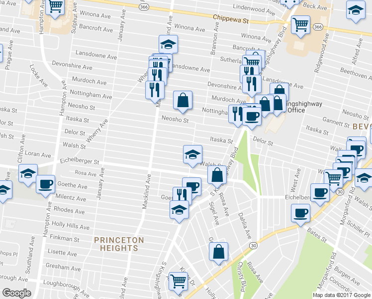 map of restaurants, bars, coffee shops, grocery stores, and more near 5226a Delor Street in St. Louis