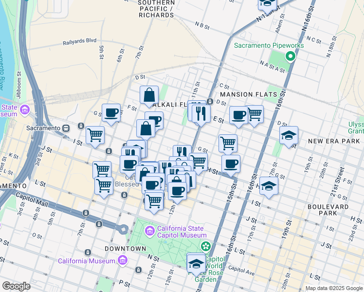 map of restaurants, bars, coffee shops, grocery stores, and more near 1030 G Street in Sacramento