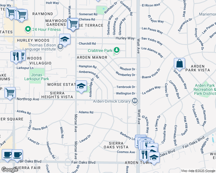 map of restaurants, bars, coffee shops, grocery stores, and more near 936 Amberwood Road in Sacramento