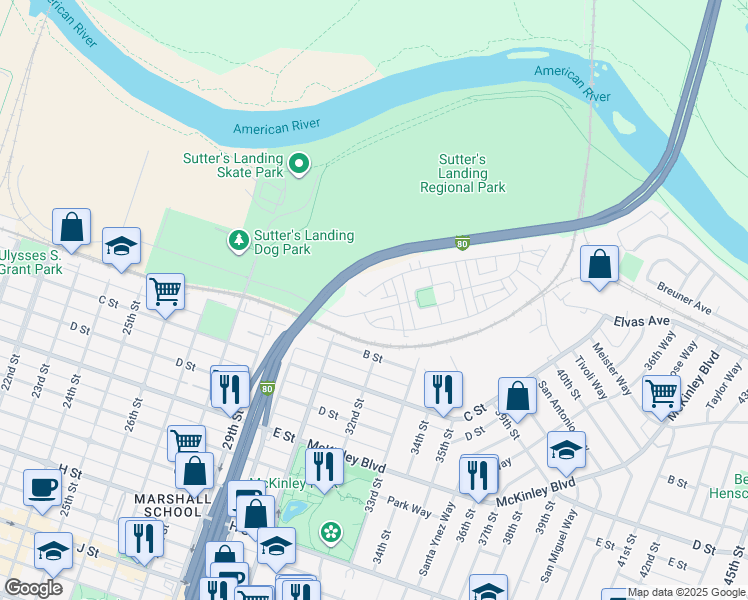 map of restaurants, bars, coffee shops, grocery stores, and more near 3111 McKinley Village Way in Sacramento
