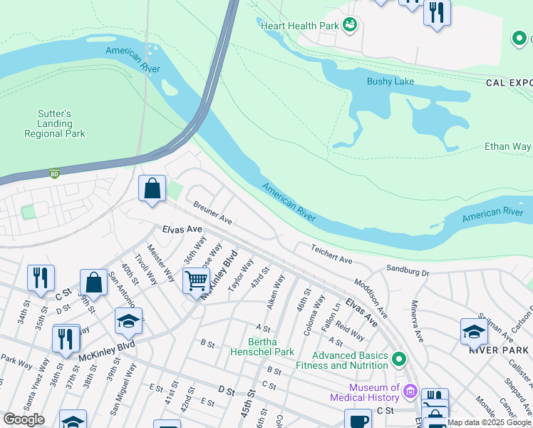 map of restaurants, bars, coffee shops, grocery stores, and more near 4451 Moddison Ave in Sacramento