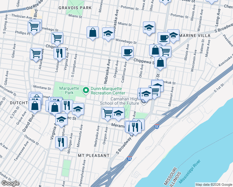 map of restaurants, bars, coffee shops, grocery stores, and more near 2806 Osage Street in St. Louis