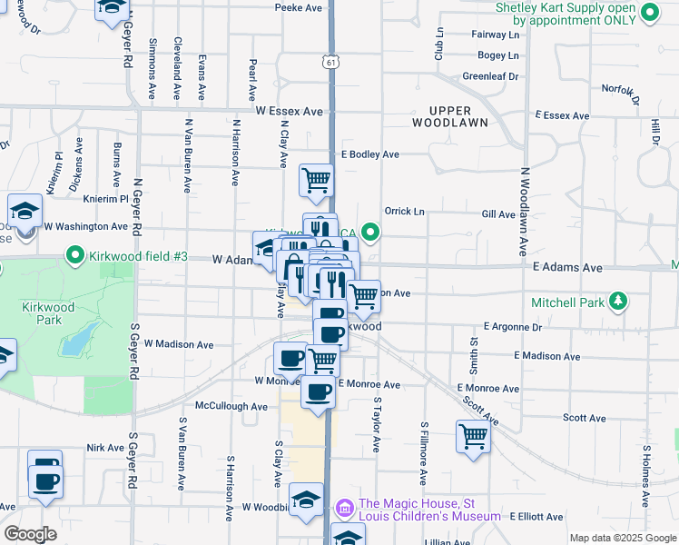 map of restaurants, bars, coffee shops, grocery stores, and more near in Kirkwood