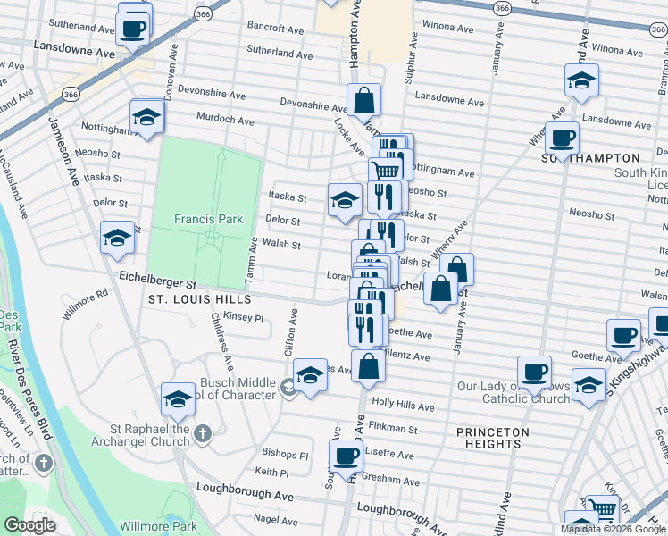 map of restaurants, bars, coffee shops, grocery stores, and more near 5865 Loran Avenue in St. Louis