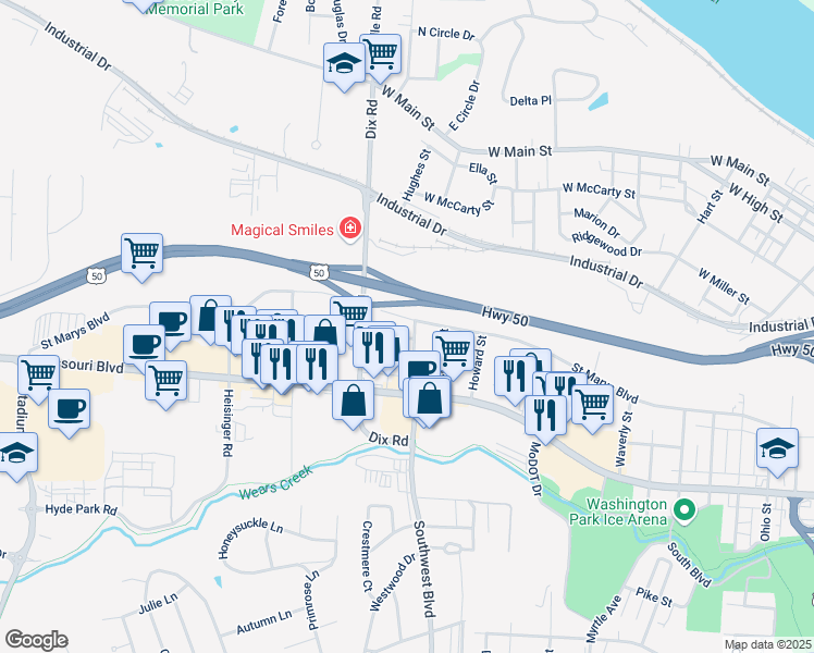 map of restaurants, bars, coffee shops, grocery stores, and more near 600 Beck Street in Jefferson City