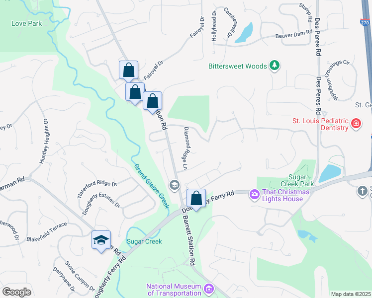 map of restaurants, bars, coffee shops, grocery stores, and more near 2751 Diamond Ridge Lane in Des Peres