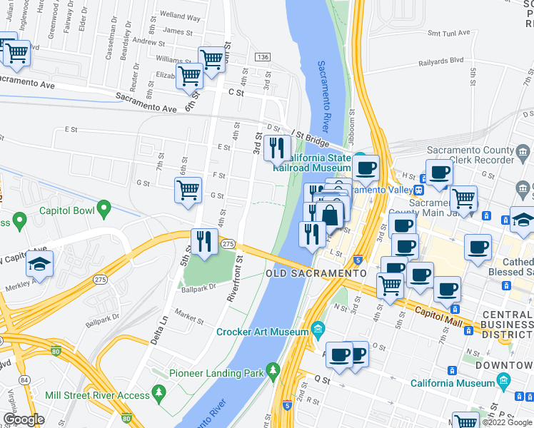 map of restaurants, bars, coffee shops, grocery stores, and more near 701 3rd Street in West Sacramento
