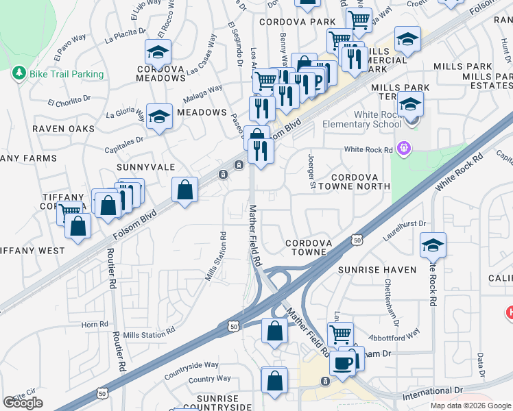 map of restaurants, bars, coffee shops, grocery stores, and more near 10251 Croydon Way in Rancho Cordova
