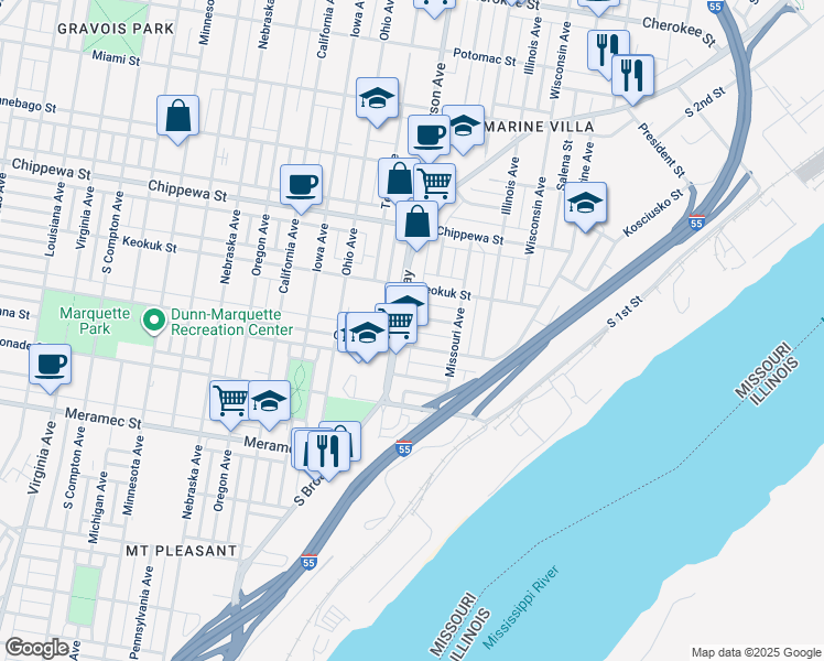 map of restaurants, bars, coffee shops, grocery stores, and more near 2228 Alberta Street in St. Louis