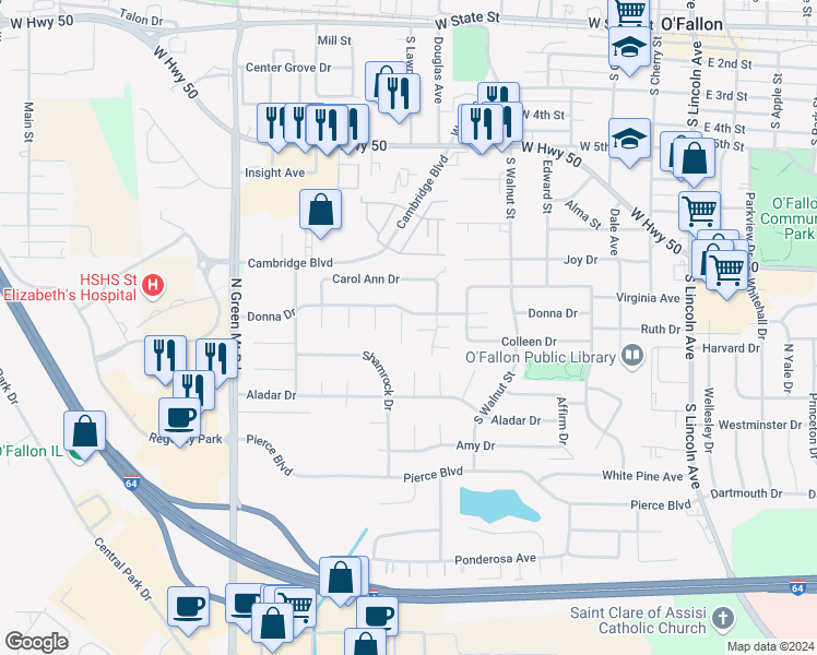 map of restaurants, bars, coffee shops, grocery stores, and more near 932 Evan Drive in O'Fallon