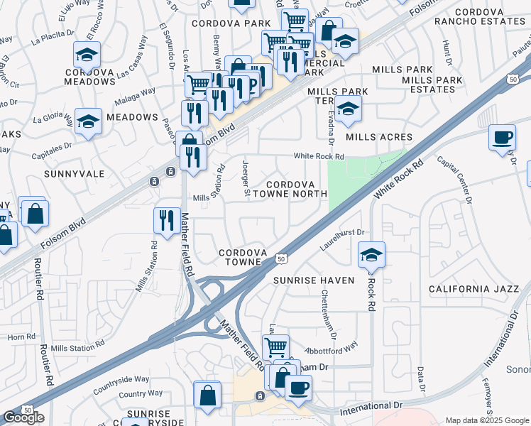 map of restaurants, bars, coffee shops, grocery stores, and more near 2930 Winchester Way in Rancho Cordova