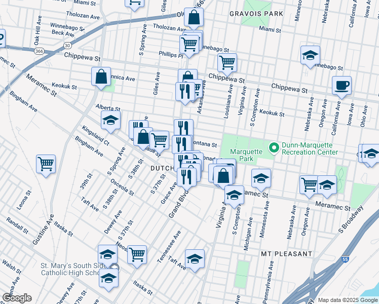 map of restaurants, bars, coffee shops, grocery stores, and more near in St. Louis