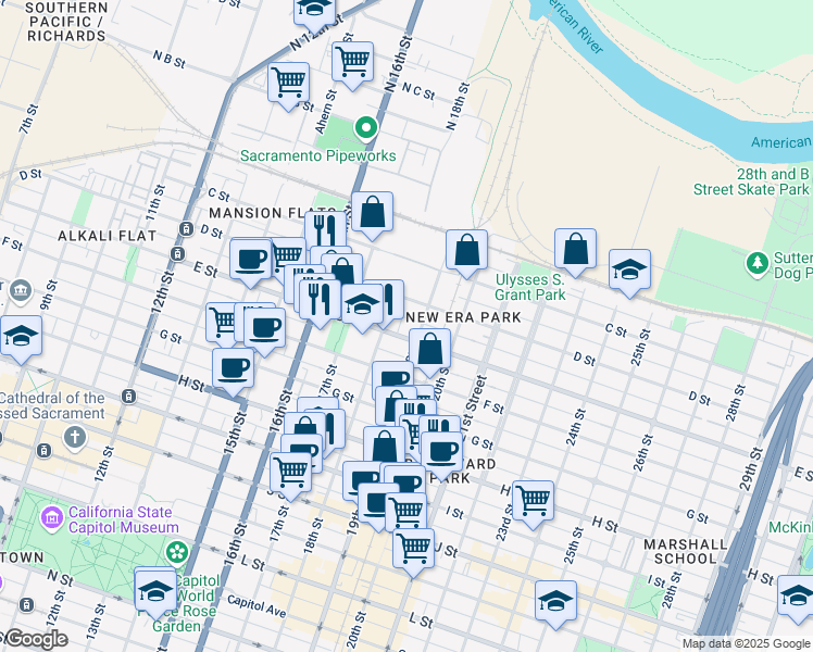 map of restaurants, bars, coffee shops, grocery stores, and more near 418 19th Street in Sacramento
