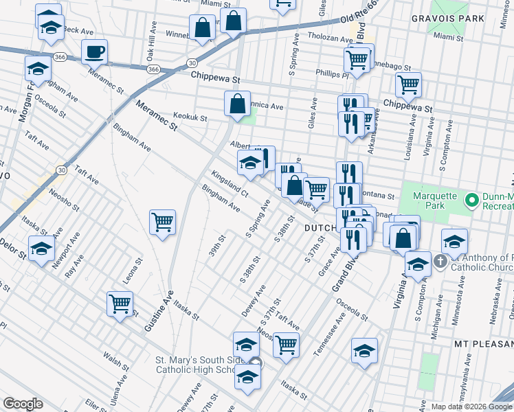 map of restaurants, bars, coffee shops, grocery stores, and more near 3854 Kingsland Court in St. Louis